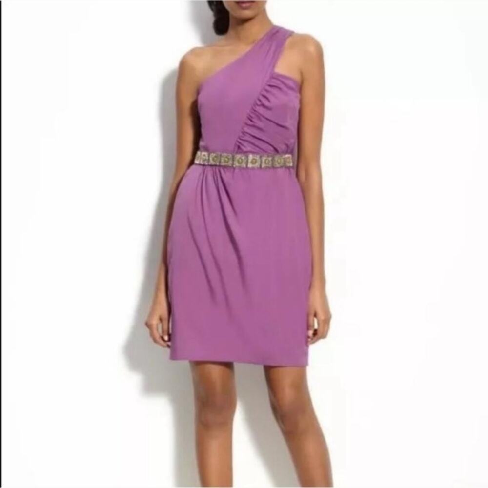 TRINA TURK Silk Dress Womens Size 8 One Shoulder Beaded Belted Mini Party Purple - Picture 2 of 11